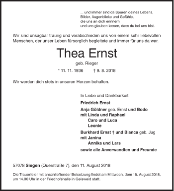 Traueranzeige von Thea Ernst von Siegener Zeitung