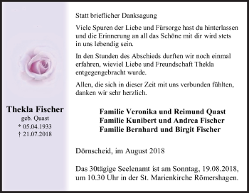 Traueranzeige von Thekla Fischer von Siegener Zeitung