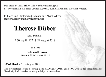 Traueranzeige von Therese Düber von Siegener Zeitung