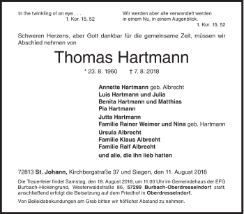 Traueranzeige von Thomas Hartmann von Siegener Zeitung