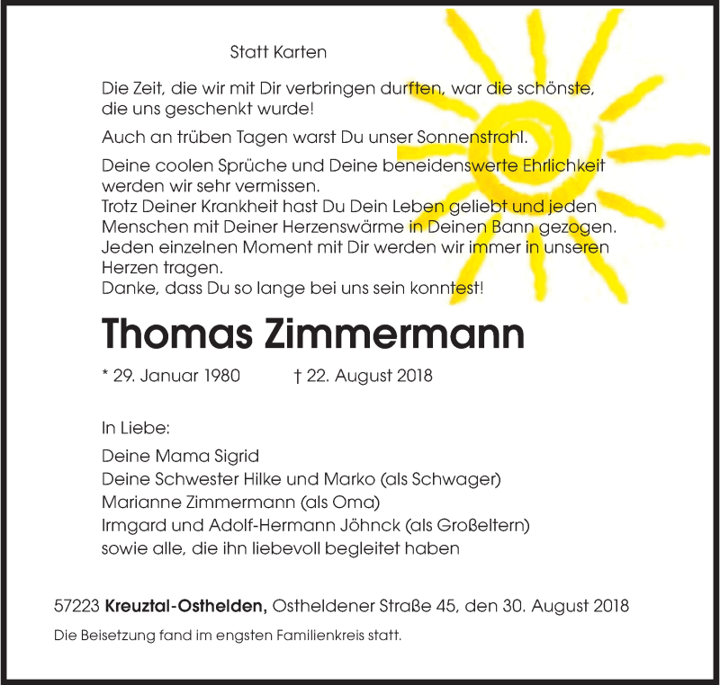  Traueranzeige für Thomas Zimmermann vom 30.08.2018 aus Siegener Zeitung