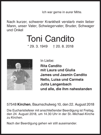 Traueranzeige von Toni Candito von Siegener Zeitung