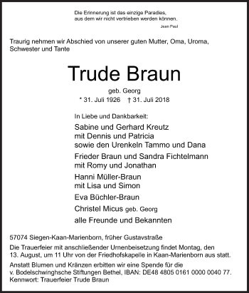 Traueranzeige von Trude Braun von Siegener Zeitung