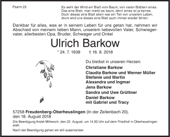 Traueranzeige von Ulrich Barkow von Siegener Zeitung