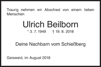 Traueranzeige von Ulrich Beilborn von Siegener Zeitung