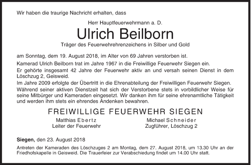  Traueranzeige für Ulrich Beilborn vom 23.08.2018 aus Siegener Zeitung