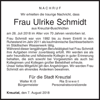 Traueranzeige von Ulrike Schmidt von Siegener Zeitung