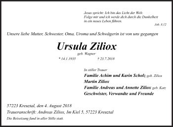 Traueranzeige von Ursula Ziliox von Siegener Zeitung
