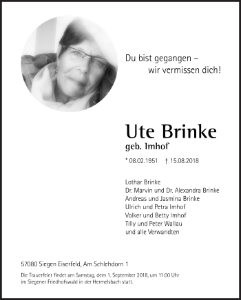 Traueranzeige von Ute Brinke von Siegener Zeitung