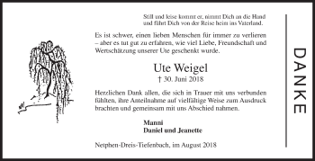 Traueranzeige von Ute Weigel von Siegener Zeitung