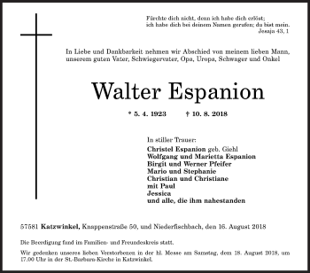 Traueranzeige von Walter Espanion von Siegener Zeitung