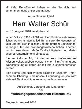 Traueranzeige von Walter Schür von Siegener Zeitung