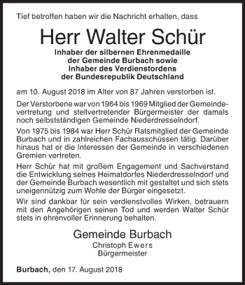 Traueranzeige von Walter Schür von Siegener Zeitung