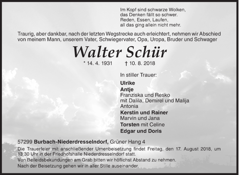  Traueranzeige für Walter Schür vom 15.08.2018 aus Siegener Zeitung