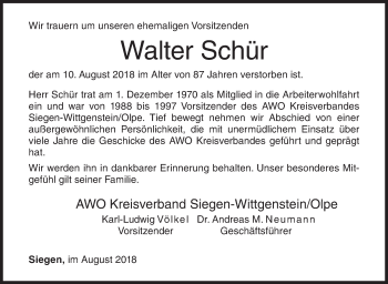 Traueranzeige von Walter Schür von Siegener Zeitung