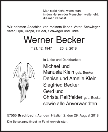Traueranzeige von Werner Becker von Siegener Zeitung