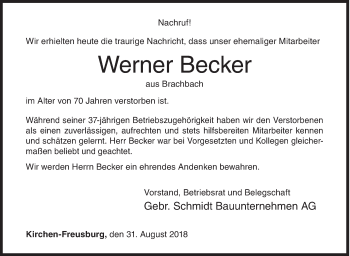 Traueranzeige von Werner Becker von Siegener Zeitung