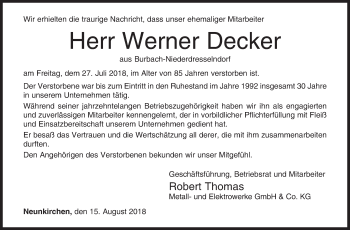 Traueranzeige von Werner Decker von Siegener Zeitung