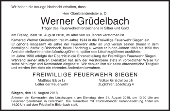 Traueranzeige von Werner Grüdelbach von Siegener Zeitung