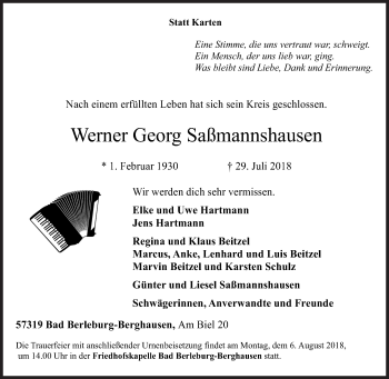 Traueranzeige von Werner Georg Saßmannshausen von Siegener Zeitung