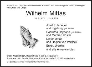 Traueranzeige von Wilhelm Mittas von Siegener Zeitung