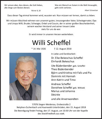 Traueranzeige von Willi Scheffel von Siegener Zeitung