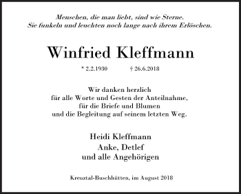 Traueranzeige von Winfried Kleffmann von Siegener Zeitung