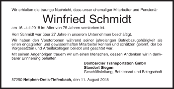 Traueranzeige von Winfried Schmidt von Siegener Zeitung