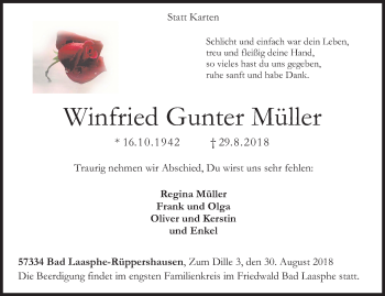 Traueranzeige von Winfried Gunter Müller von Siegener Zeitung