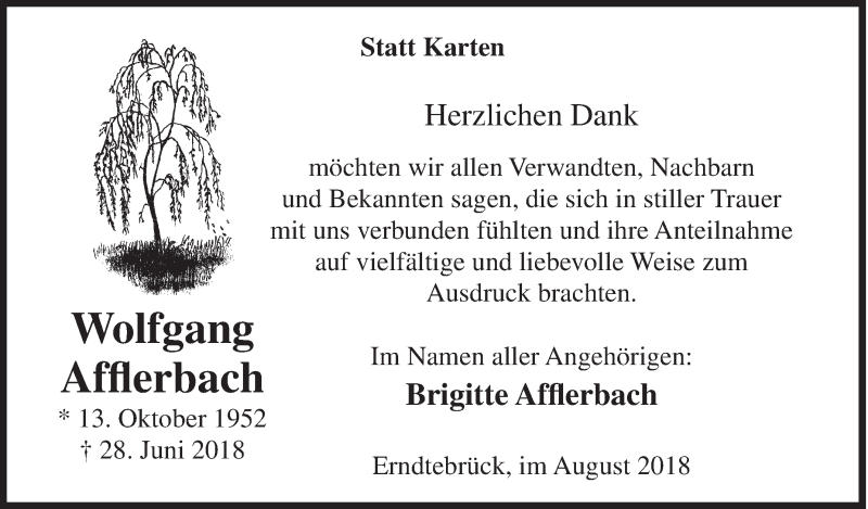  Traueranzeige für Wolfgang Afflerbach vom 03.08.2018 aus Siegener Zeitung