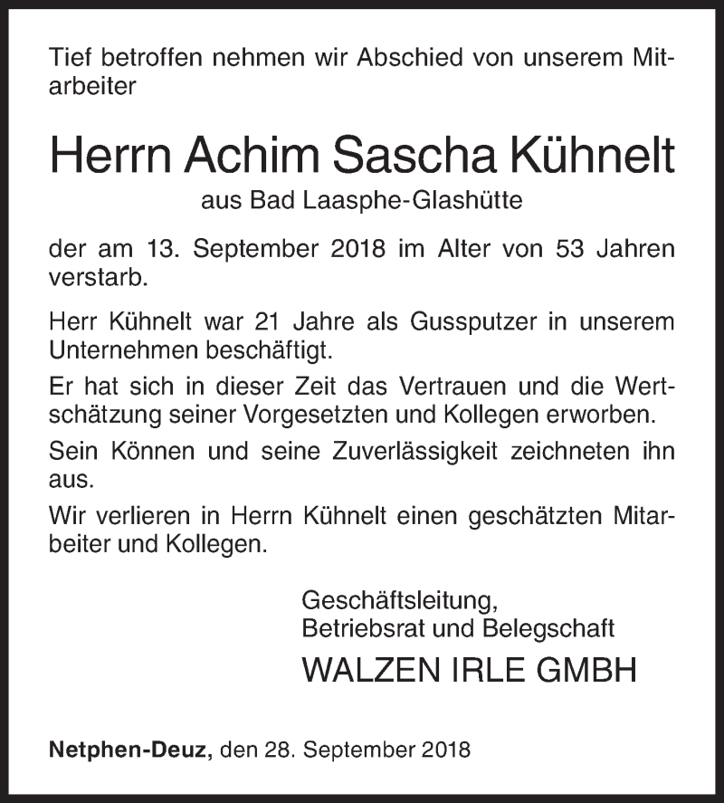  Traueranzeige für Achim Sascha Kühnelt vom 28.09.2018 aus Siegener Zeitung