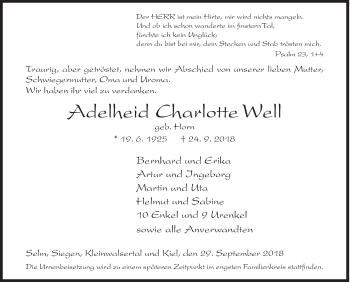 Traueranzeige von Adelheid Charlotte Well von Siegener Zeitung