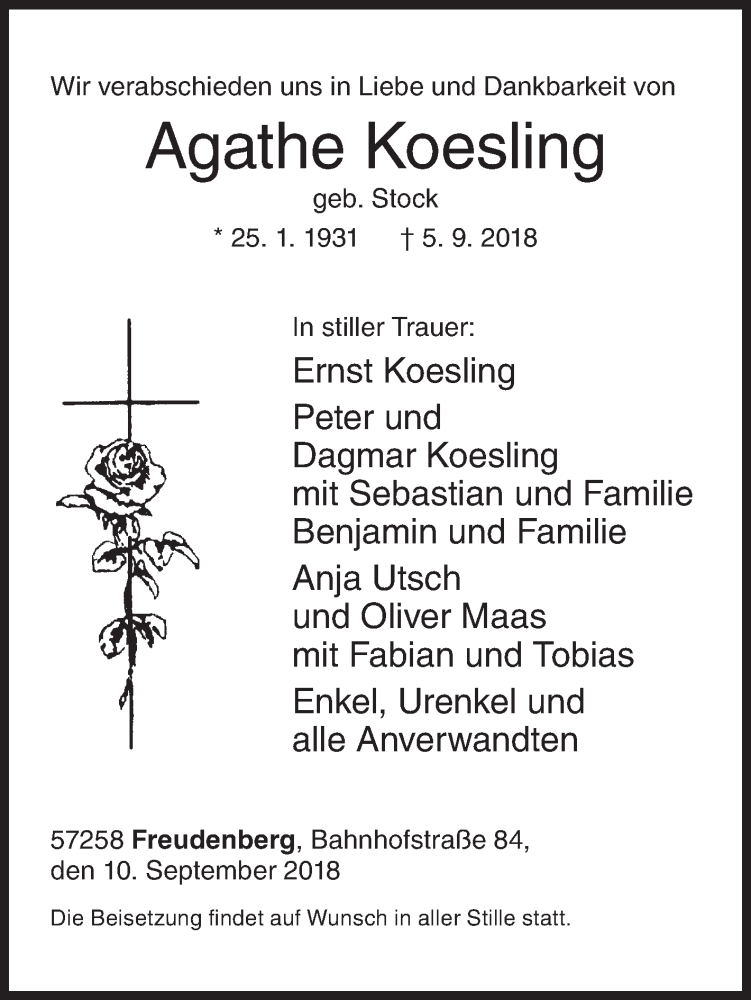  Traueranzeige für Agathe Koesling vom 10.09.2018 aus Siegener Zeitung