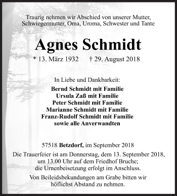 Traueranzeige von Agnes Schmidt von Siegener Zeitung