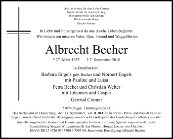 Traueranzeige von Albrecht Becher von Siegener Zeitung