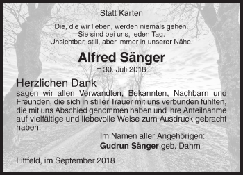 Traueranzeige von Alfred Sänger von Siegener Zeitung