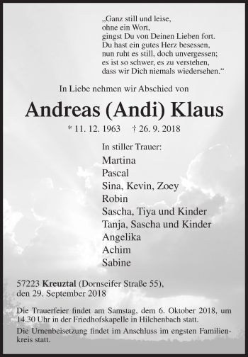 Traueranzeige von Andreas Klaus von Siegener Zeitung