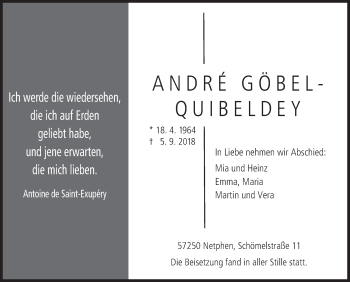Traueranzeige von André  Göbel-Quibeldey von Siegener Zeitung