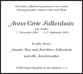 Traueranzeige von Anna Grete Falkenhain von Siegener Zeitung