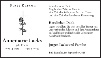 Traueranzeige von Annemarie Lacks von Siegener Zeitung