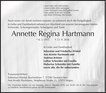 Traueranzeige von Annette Regina Hartmann von Siegener Zeitung