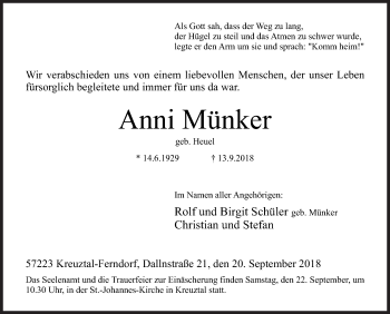 Traueranzeige von Anni Münker von Siegener Zeitung