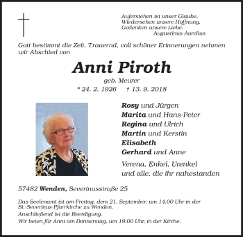 Traueranzeige von Anni Piroth von Siegener Zeitung