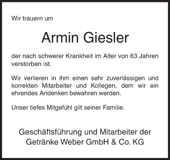 Traueranzeige von Armin Giesler von Siegener Zeitung