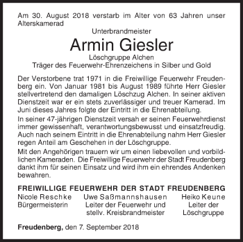 Traueranzeige von Armin Giesler von Siegener Zeitung