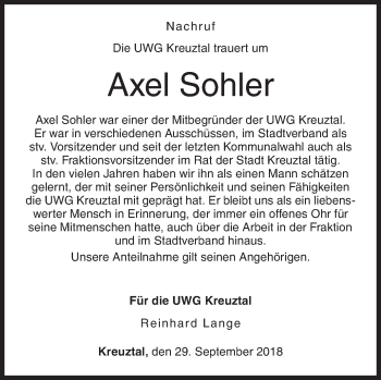 Traueranzeige von Axel Sohler von Siegener Zeitung