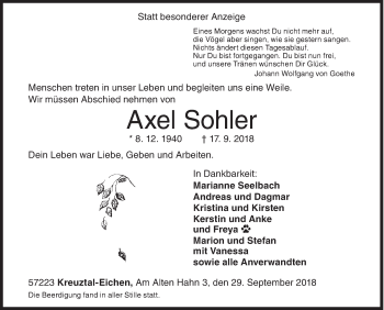 Traueranzeige von Axel Sohler von Siegener Zeitung