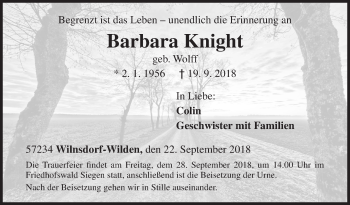 Traueranzeige von Barbara Knight von Siegener Zeitung