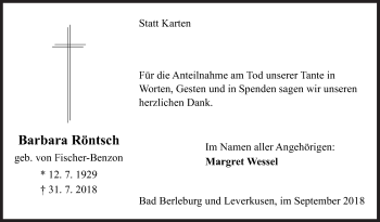 Traueranzeige von Barbara Röntsch von Siegener Zeitung