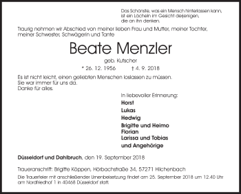 Traueranzeige von Beate Menzler von Siegener Zeitung